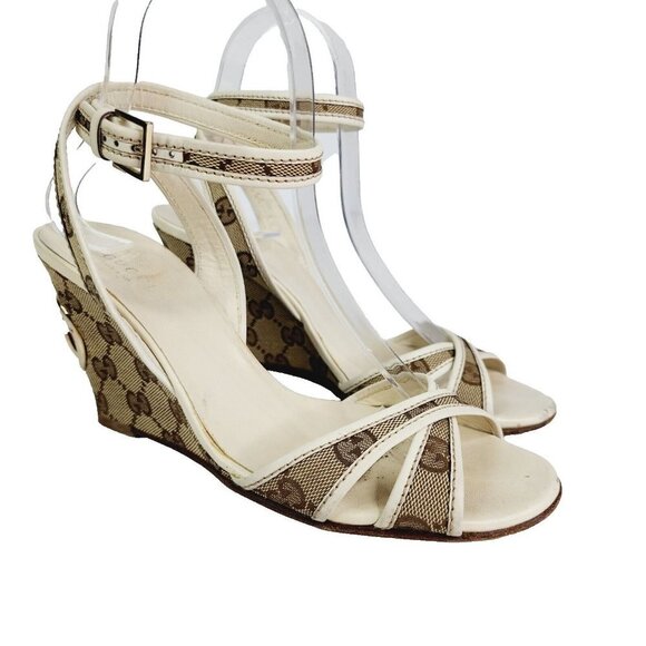 GUCCI Beige GG Canvas Monogram Cross Strap Wedge Ankle Strap Sandal Size 6.5 B - Picture 3 of 16